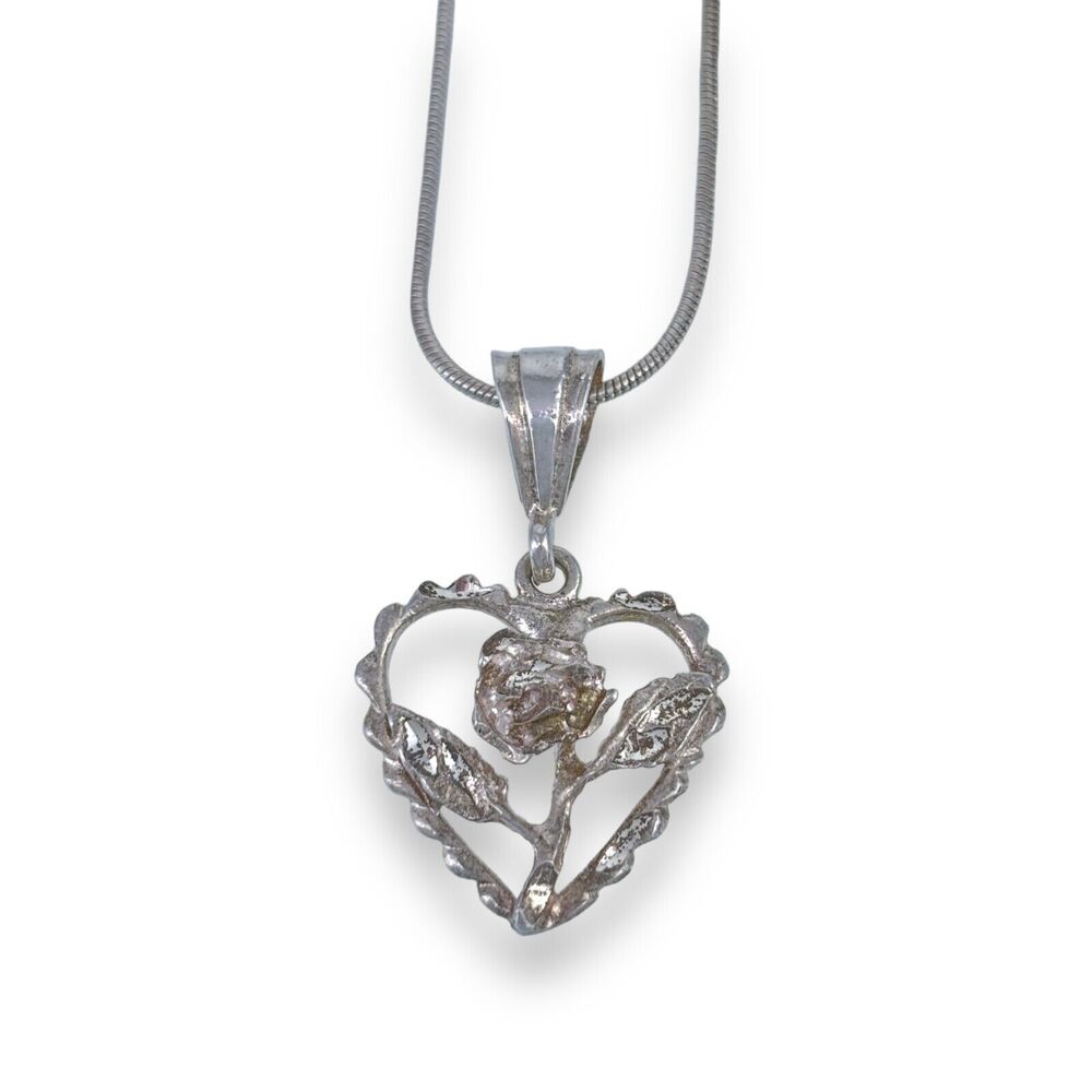 Vintage Sterling Silver 925 Diamond Cut Heart Rose Pendant